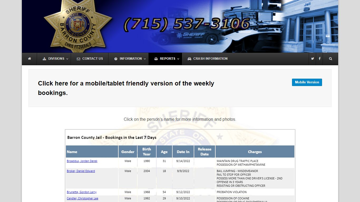 Weekly Bookings | Barron County Sheriffs Department